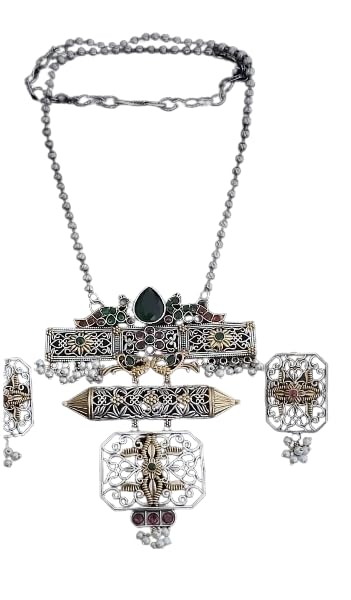 indiancraftsbykanika silver look pendant necklace with matching earrings for women