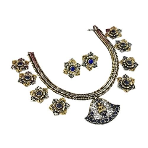 indiancraftsbykanika oxidized blue color lakshmiji necklace set with matching earrings