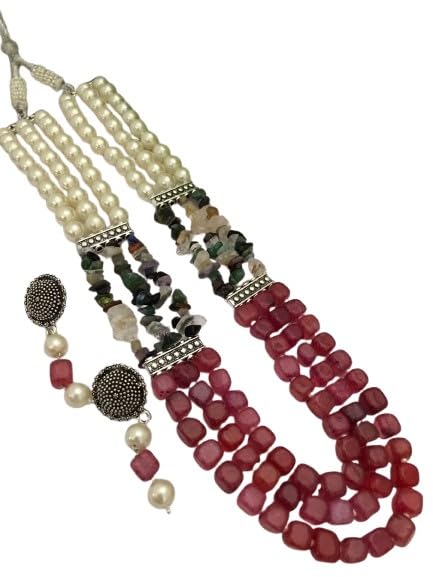 indiancraftsbykanika pearl with pink multicolor stone 3 layered necklace set with matching earrings