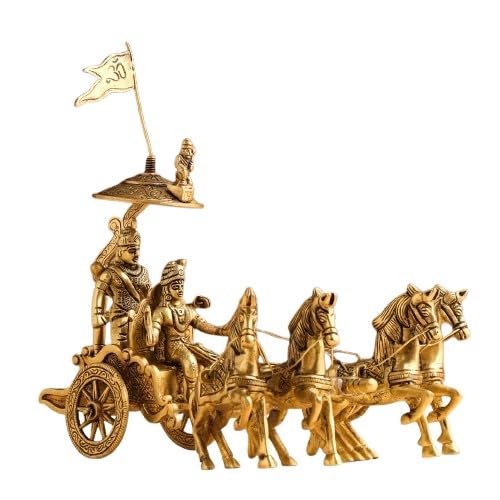 Brass Krishan Arjun rath Chariot with 4 Horses for Home