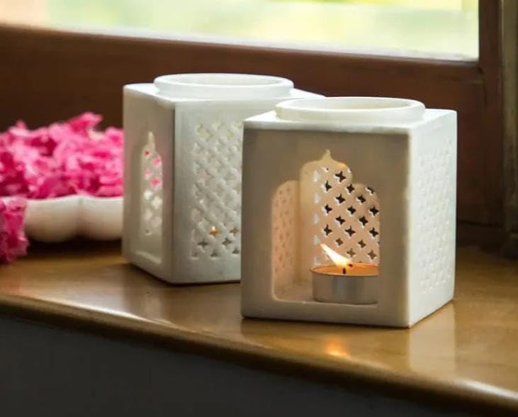 White Marble Jali Incense Holder Tealight Candle Holder White Marble 4inch Aroma Candle Holder Set for Festival