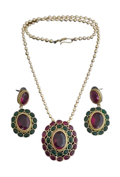 indiancraftsbykanika round green and red stone necklace with matching earrings for women