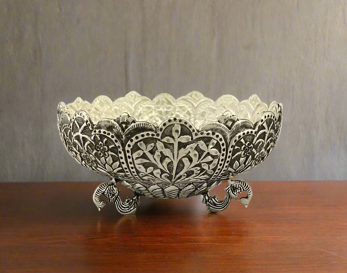 German silver fully carved peacock legs urli bowl
