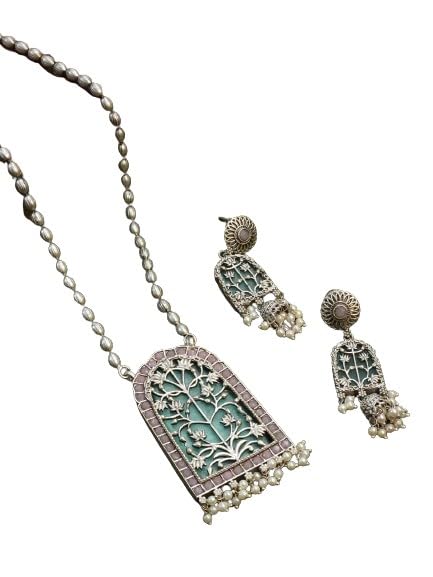 indiancraftsbykanika oxidized necklace with green color matching earrings for women/gift for her