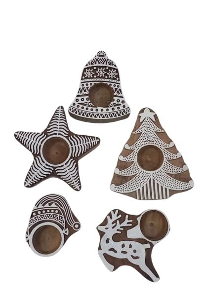 Set of 10 Christmas Tree/Santa Claus/Bell Reindeer/Star Shape Wooden Tea Light Holder with 50 Wax Tea Lights