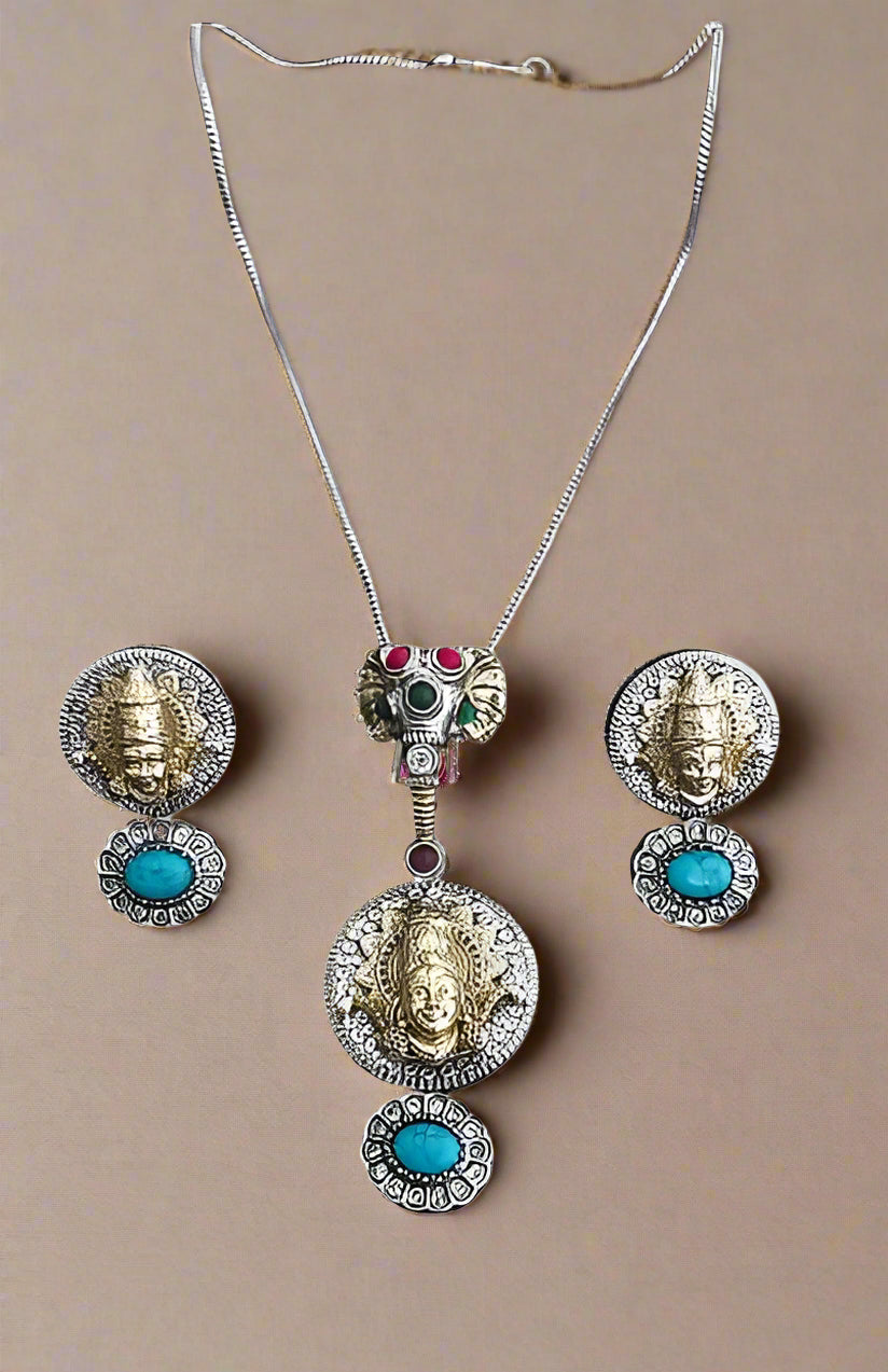 silver ganesh pendant necklace jewelry with lakshmi earrings