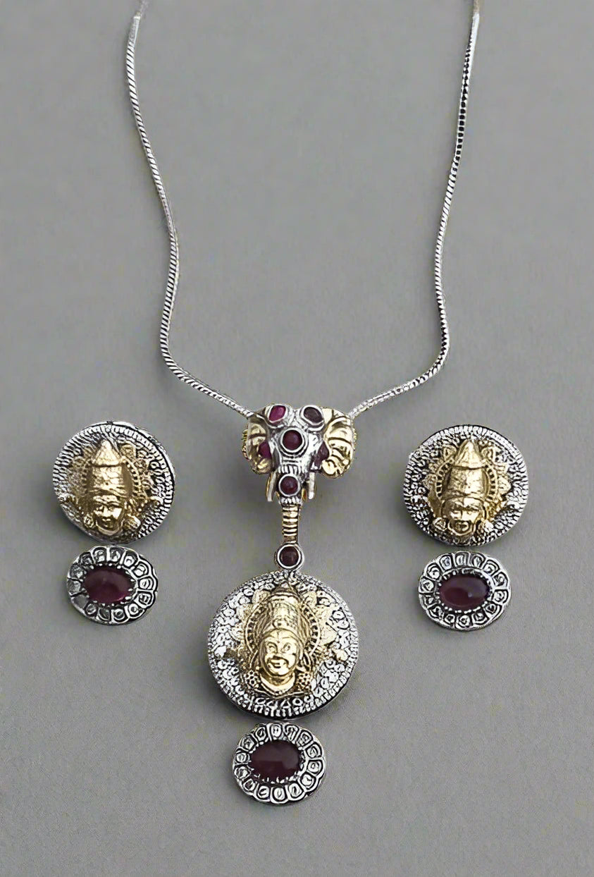 silver Ganesh pendant necklace jewelry with lakshmi earrings