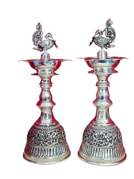 German Silver 10" Peacock Diya Pair for Housewarming/ Pooja/ Festival