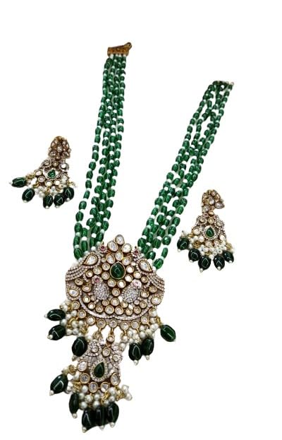 indiancraftsbykanika presents long jadau kundan with green stone pendant necklace set with matching earrings looks good on any woman