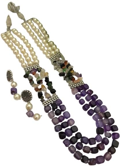 indiancraftsbykanika pearl with purple stone 3 layered necklace set with matching earrings