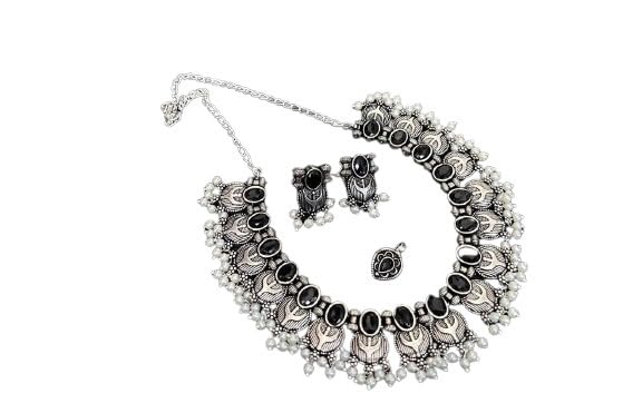 indiancraftsbykanika oxidised stone necklace with pearl and matching earrings and nose pin for women, color : black