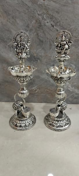 Silver Plated gajalaxmi Elephant Diya Pair Set for Housewarming/Diwali Festival/Home Decor/Gift Item