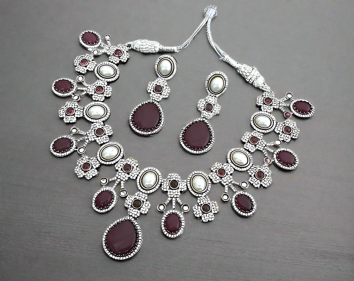 bridal red color stone with pearl necklace set with matching earrings