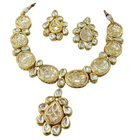 indiancraftsbykanika presents golden jadau kundan color stone necklace jewelery set with matching earring