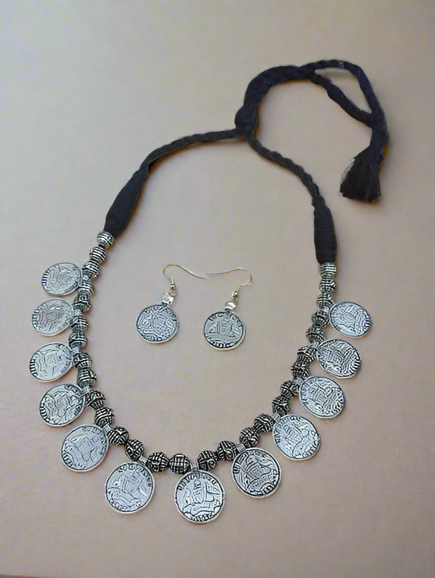 Short length Adjustable thread coin necklace with matching earrings for women