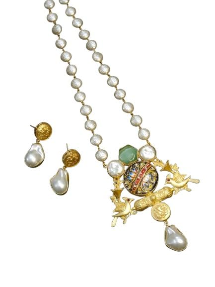 indiancraftsbykanika gold color mother of pearl bird design pendant necklace set with matching earrings, light green stone
