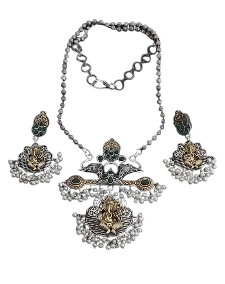 indiancraftsbykanika oxidised ganesh with stone work pearl necklace with matching earrings for women