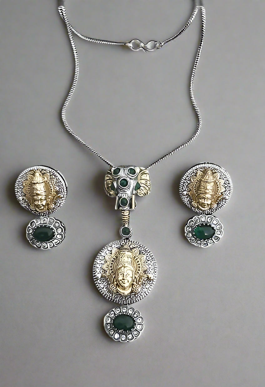 silver Ganesh pendant necklace with lakshmi earrings