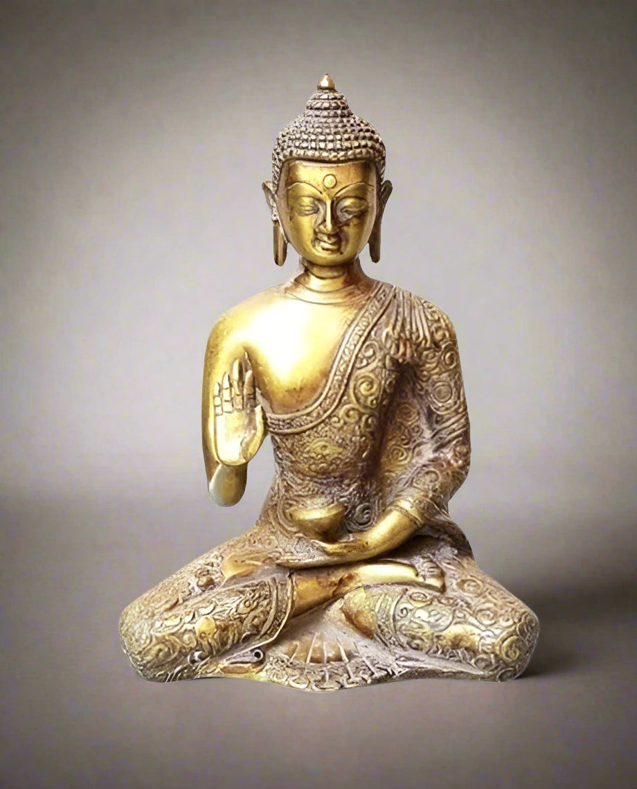 Brass Fully Carved Meditating Buddha Statue Idol - Brown Finish, Gold