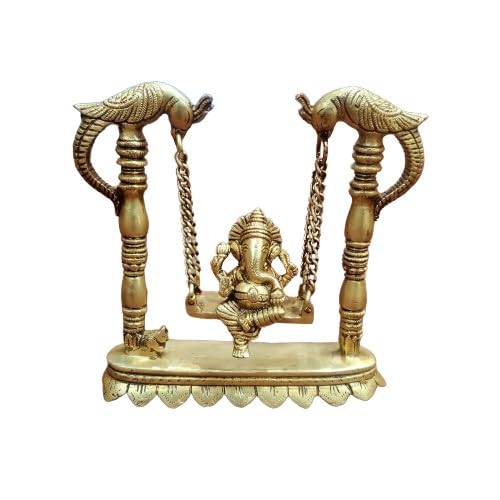 indiancraftsbykanika Brass Parrot Swing with Ganesh on jhula/Swing with Rat for Home décor/Temple Gift Item showpiece/Statue