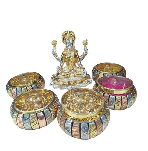 German Silver Lakshmi ji on Lotus Idol with German Silver Flowers with Boxes Combo Pack