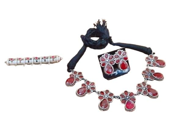 indiancraftsbykanika oxidized red color stones flower design necklace set with matching earrings and adjustable ring, 3 pieces set