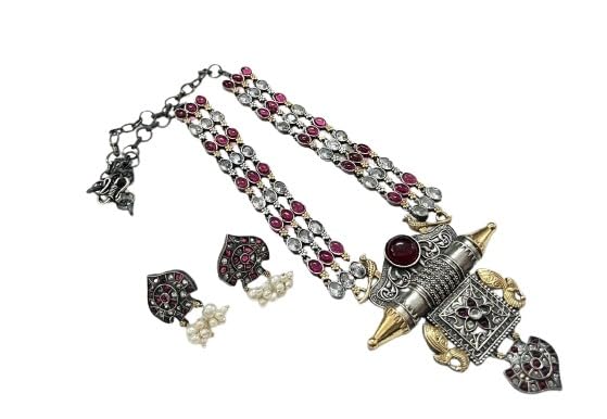 indiancraftsbykanika oxidized dual tone stone work necklace set with matching earrings for women, color : silver and pink