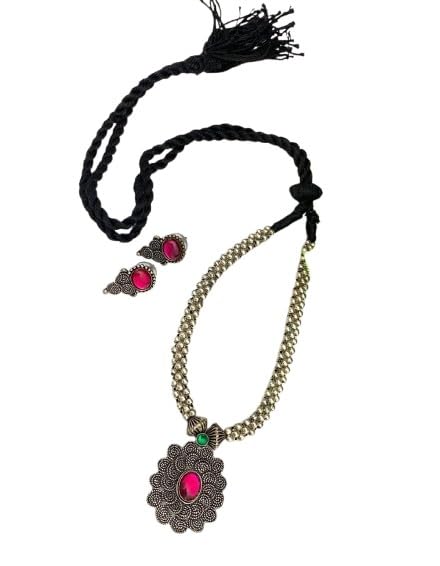 indiancraftsbykanika oxidized pink stone necklace with matching earrings for women