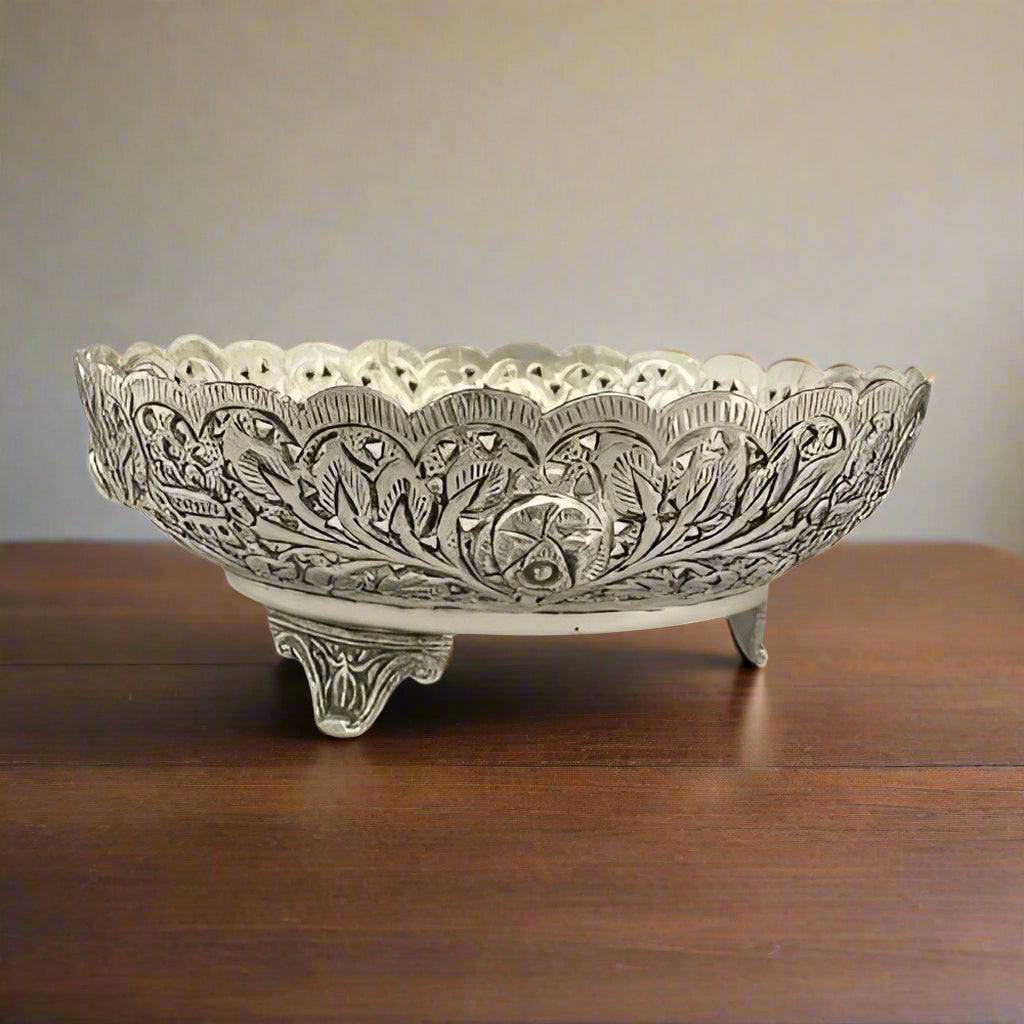 German silver fully carved fruit bowl/snacks/home decor with stand/gift item/diwali gift