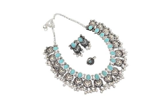 indiancraftsbykanika oxidised stone necklace with pearl and matching earrings and nose pin for women, color : blue