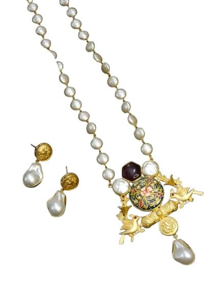 indiancraftsbykanika gold color mother of pearl bird design pendant necklace set with matching earrings