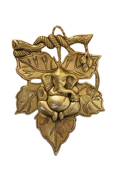 Brass Ganesh Wall Hanging on Leaf Design for Home décor/showpiece