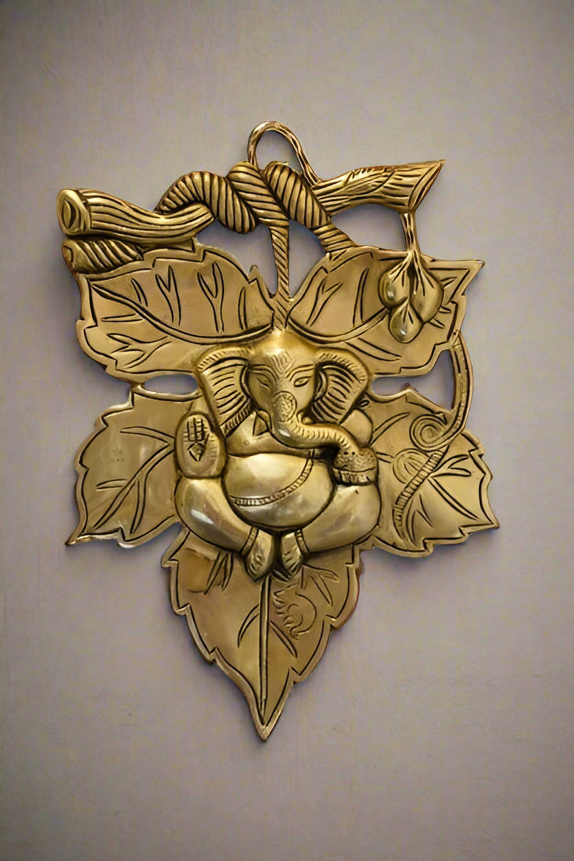 Brass Ganesh Wall Hanging on Leaf Design for Home décor/showpiece