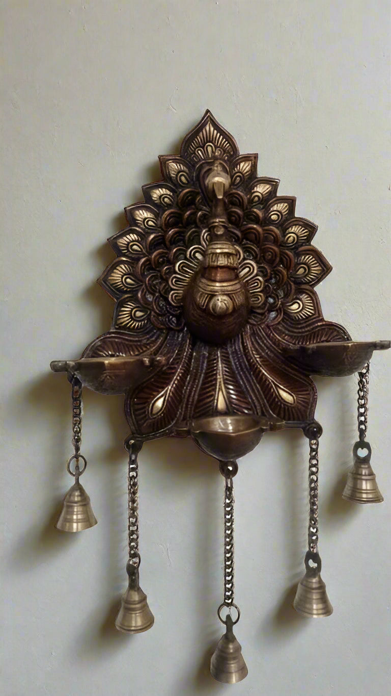Brass Brown Color Peacock with 3 diyas Wall Hanging for Home Decor/Gift Item