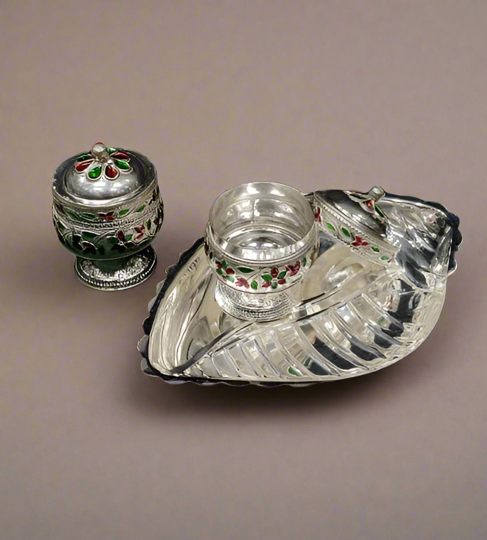 Silver Plated Shank Design Karnada/meenakari kumkum Platter/Small Tray with 2 Bowl Set