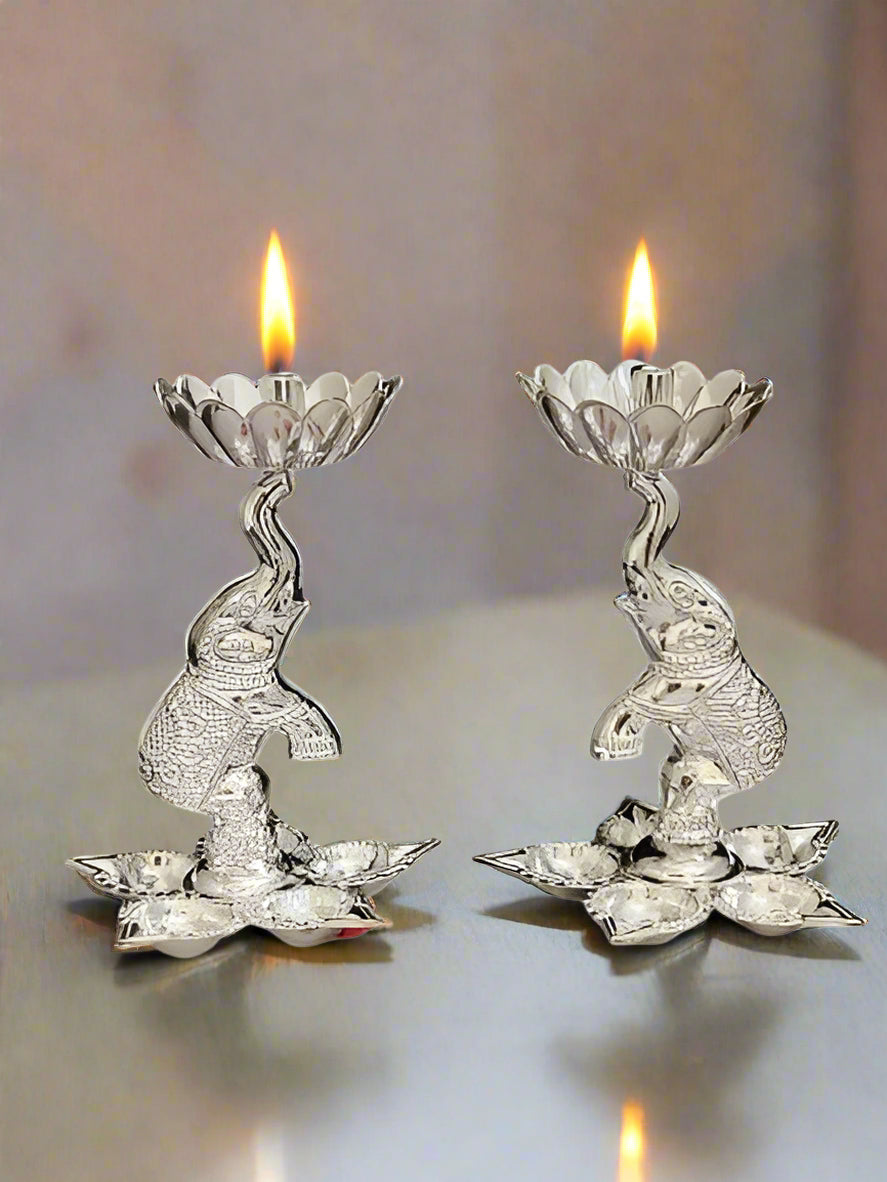 Set of 2 German Silver Elephant with Flower Diya Set, 5"