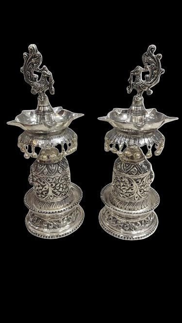 Silver Plated Antique Finish Fully Carved Peacock Diya Pair Set , 10" Height for Diwali