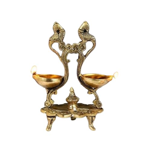 Brass Peacock Design Twin Oil Wick Diya for Home dceor/Diwali, 1 Piece