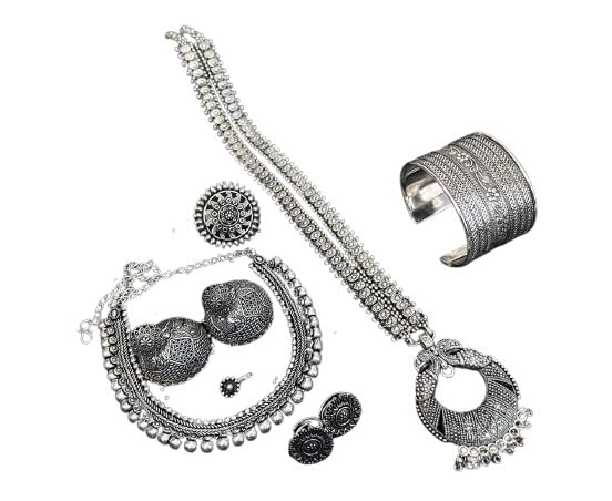 indiancraftsbykanika oxidized silver tone 2 necklace with matching earrings, toe ring, ring, nose pin, openable kada bracelet