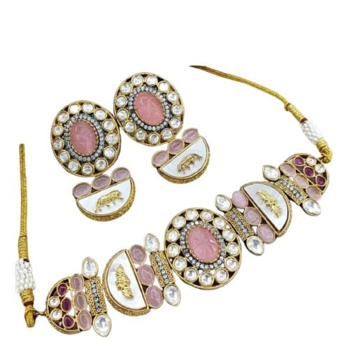indiancraftsbykanika presents golden jadau kundan pink color stone necklace jewelery set with matching earring