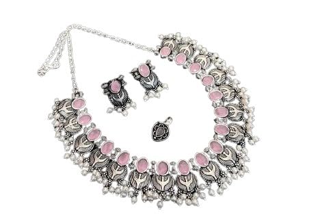 indiancraftsbykanika oxidised stone necklace with pearl and matching earrings and nose pin for women, color : pink