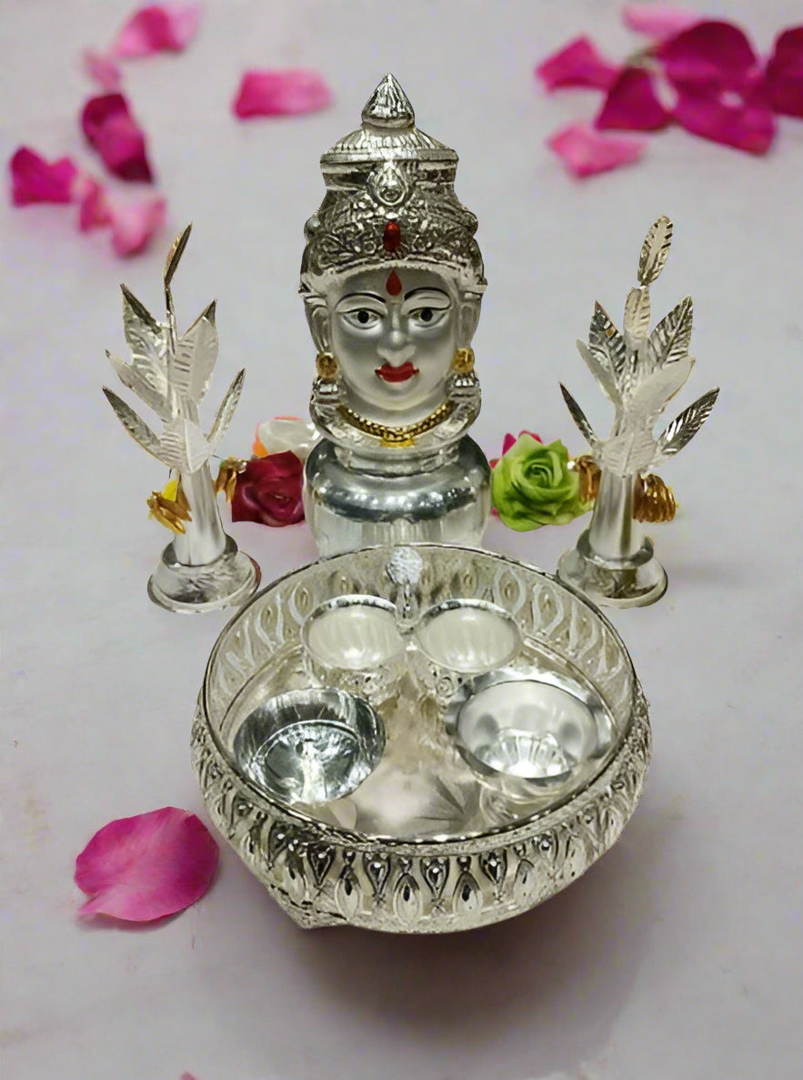 Silver plated 8 pieces combo pooja thali set with banana tree