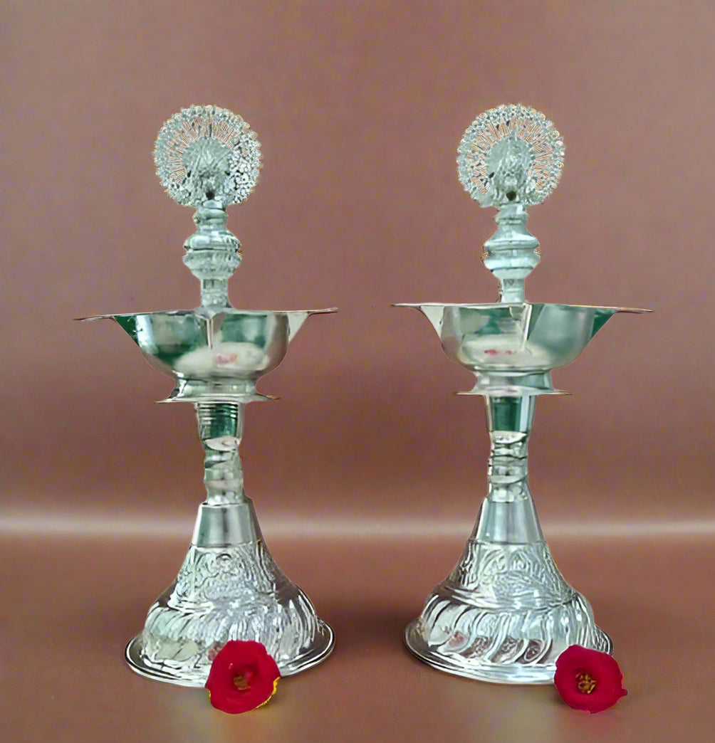 German Silver Dancing Peacock Diya Pair Set for Diwali/Housewarming Pooja/Home décor