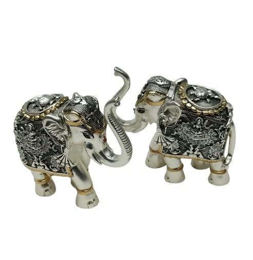 indiancraftsbykanika Silver Coated gaja Lakshmi Elephant Pair for Temple/Home décor/Diwali/Housewarming, Antique Finish