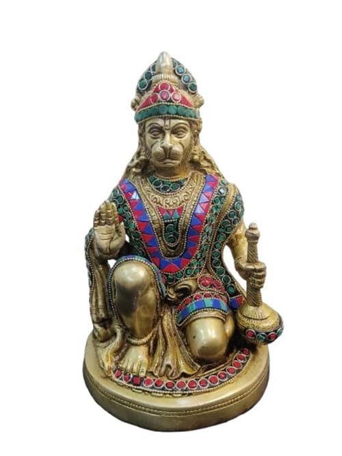 indiancraftbykanika Brass with Stone Work Sitting Hanuman for Home décor/Temple/Gift Item