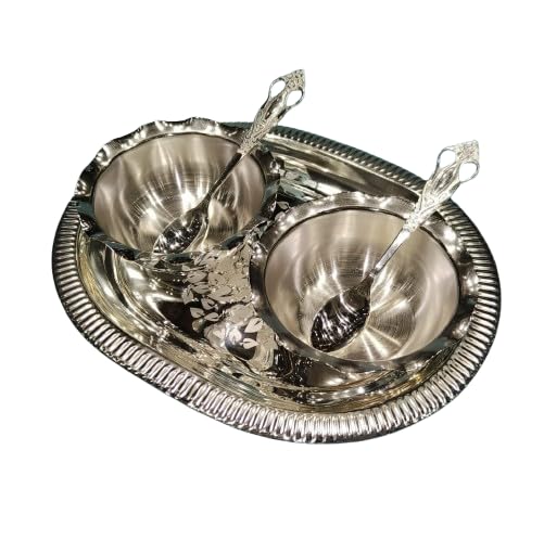 indiancraftsbykanika Silver Plated Round 2 Bowl, 2 Spoon, 1 Tray Set for snacks/dessert/mouth freshners, big size
