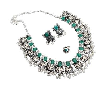 indiancraftsbykanika oxidised stone necklace with pearl and matching earrings and nose pin for women, color : green