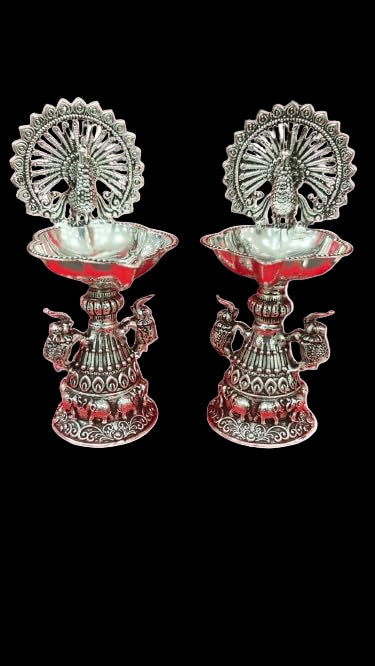 Silver Plated Antique Finish Dancing Peacock Diya with Elephant Motifs for Diwali Pooja
