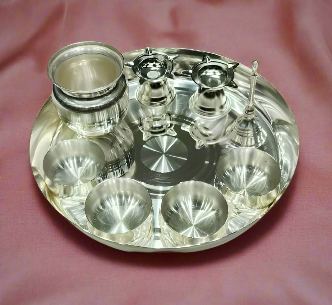 silver plated pooja thali set of 9 pieces for home pooja/Diwali/housewarming