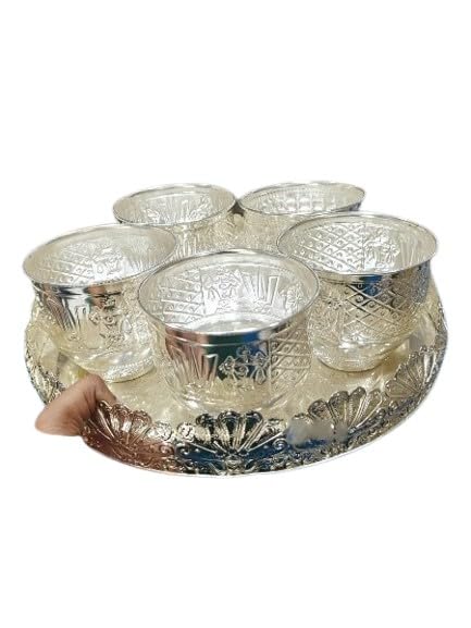 indiancraftsbykanika german silver flower tray with 5 bowl set for snacks/pooja/gift item